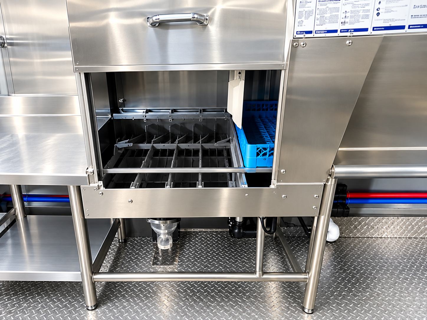 Commercial dishwashing machine inside a 38 ft conveyor dish trailer